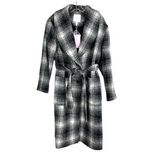 AVEC LES FILLES Plaid Tie Front Belted Wool Blend Coat NEW Size XL Black White